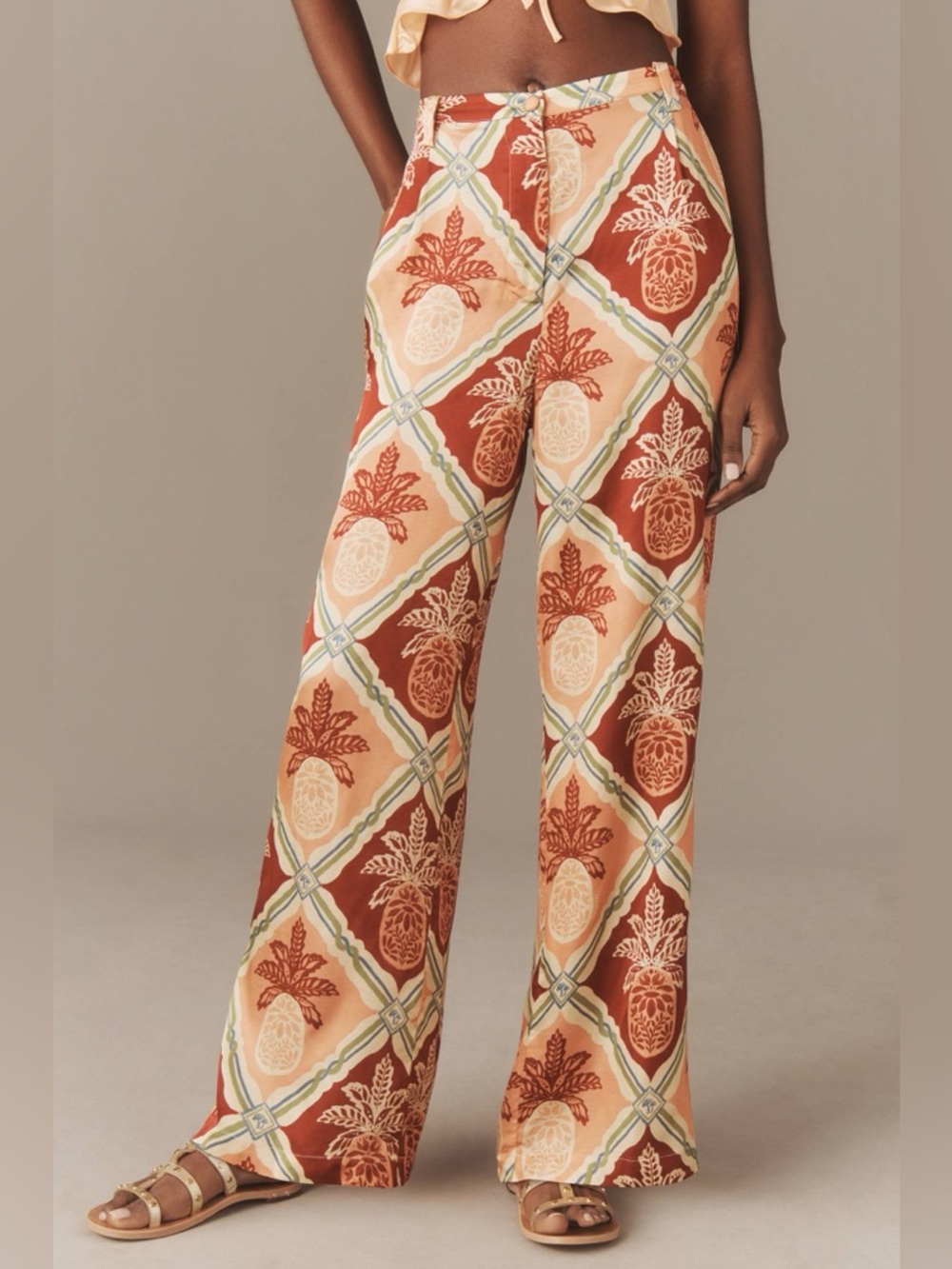 Farm Rio x Anthropologie Pineapple Satin Wide-Leg Pants Women’s L - Picture 11 of 15